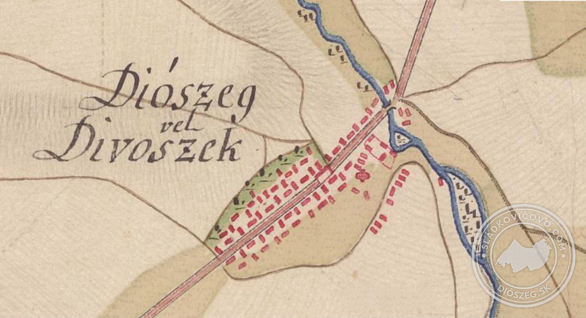Mapa Diószegu z poloviny 18. storočia.