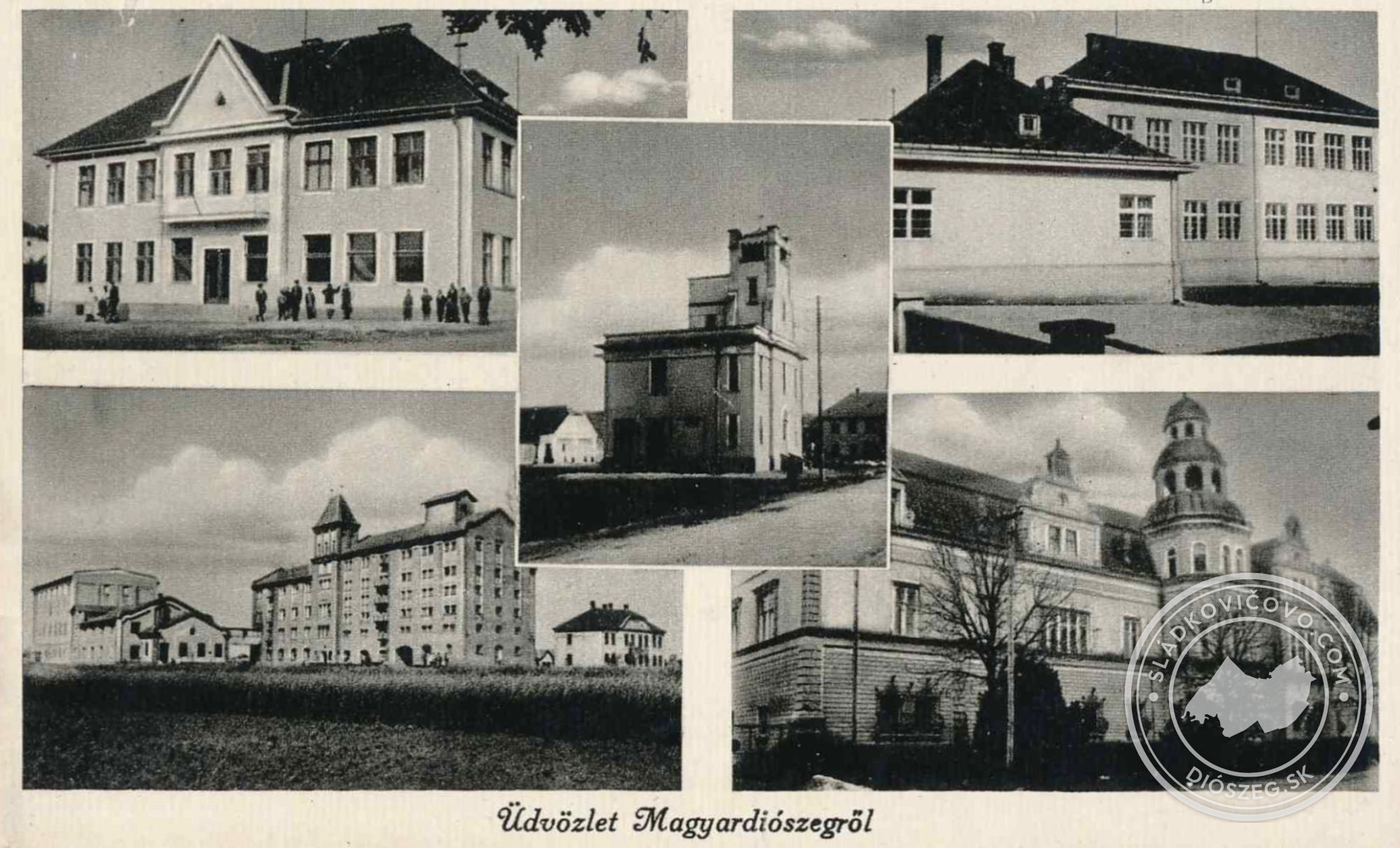 Képeslap Diószeg öt fényképével a múlt század harmadik évtizedének végéről.